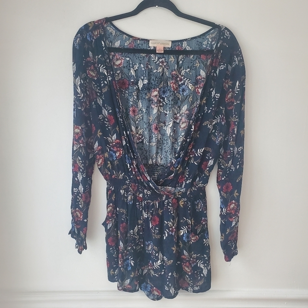 Band of Gypsies Viscose Floral Navy Long Sleeve Romper Medium